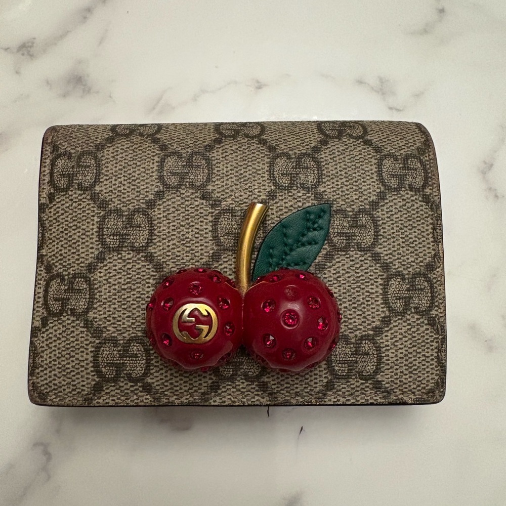 Gucci Cherry Embellished Card Holder - Red and Brown